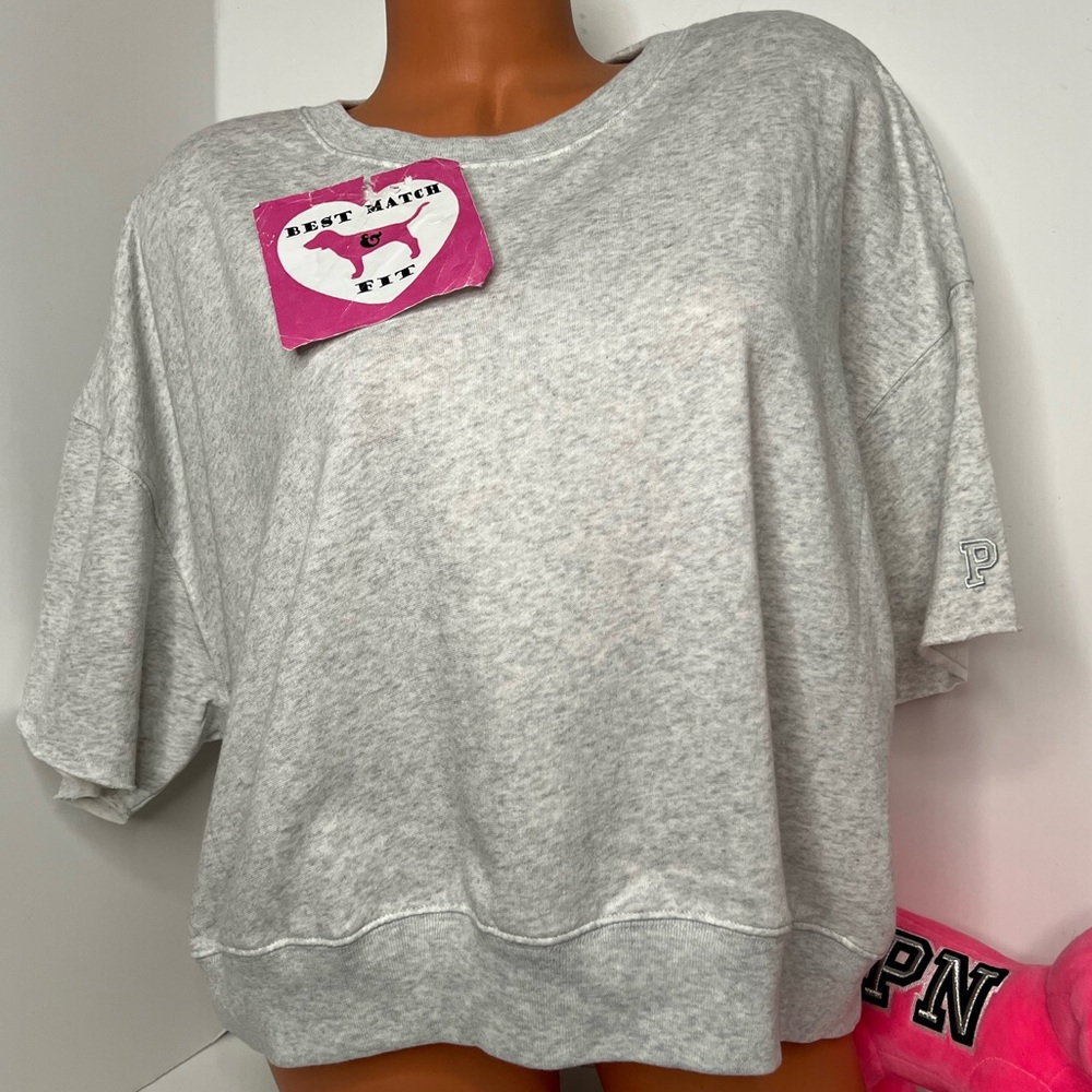 Victoria’s Secret PINK XL Logo Embroidery Cropped Sweatshirt Pullover Gray